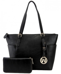 Fashion Faux Handbag with Matching Wallet Set WU1009W BLACK